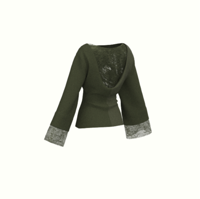 An olive green long-sleeve wrap-style top with a lace insert at the neckline and textured gray lace cuffs, shown against a plain white background.