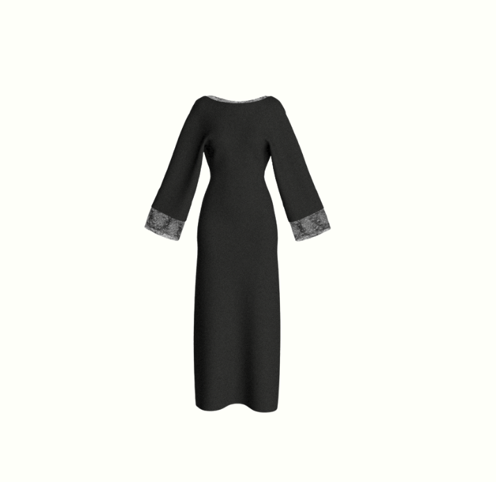 A black dress with three-quarter sleeves and contrasting black lace cuffs, shown against a plain white background.