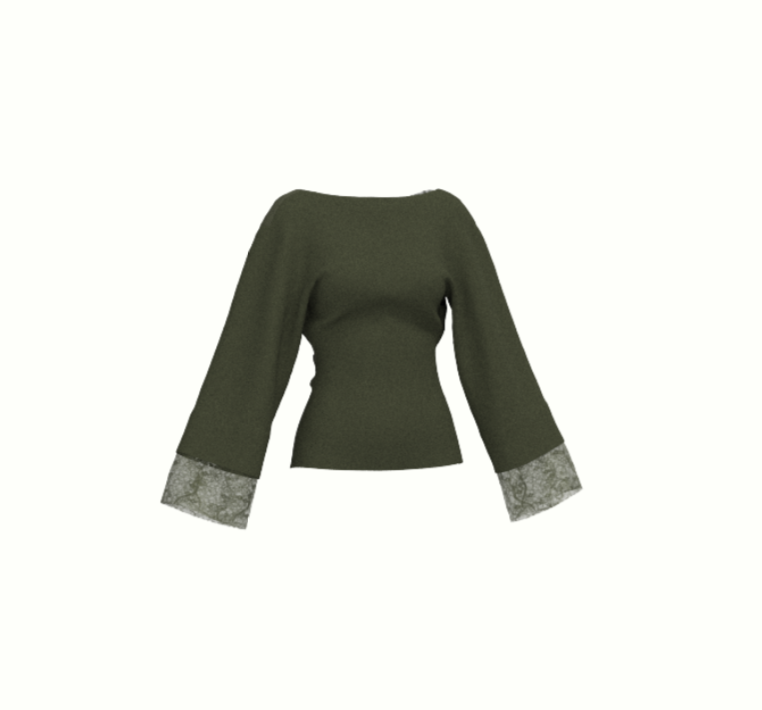 An olive green long-sleeve top with textured gray lace trim at the cuffs, shown against a plain white background.