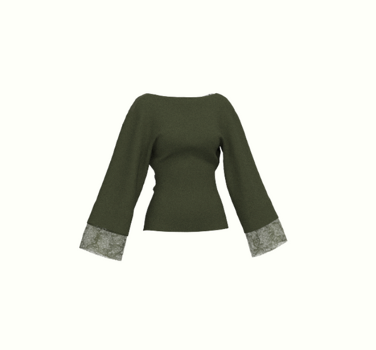 An olive green long-sleeve top with textured gray lace trim at the cuffs, shown against a plain white background.