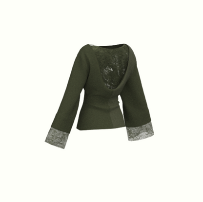 An olive green long-sleeve wrap-style top with a lace insert at the neckline and textured gray lace cuffs, shown against a plain white background.